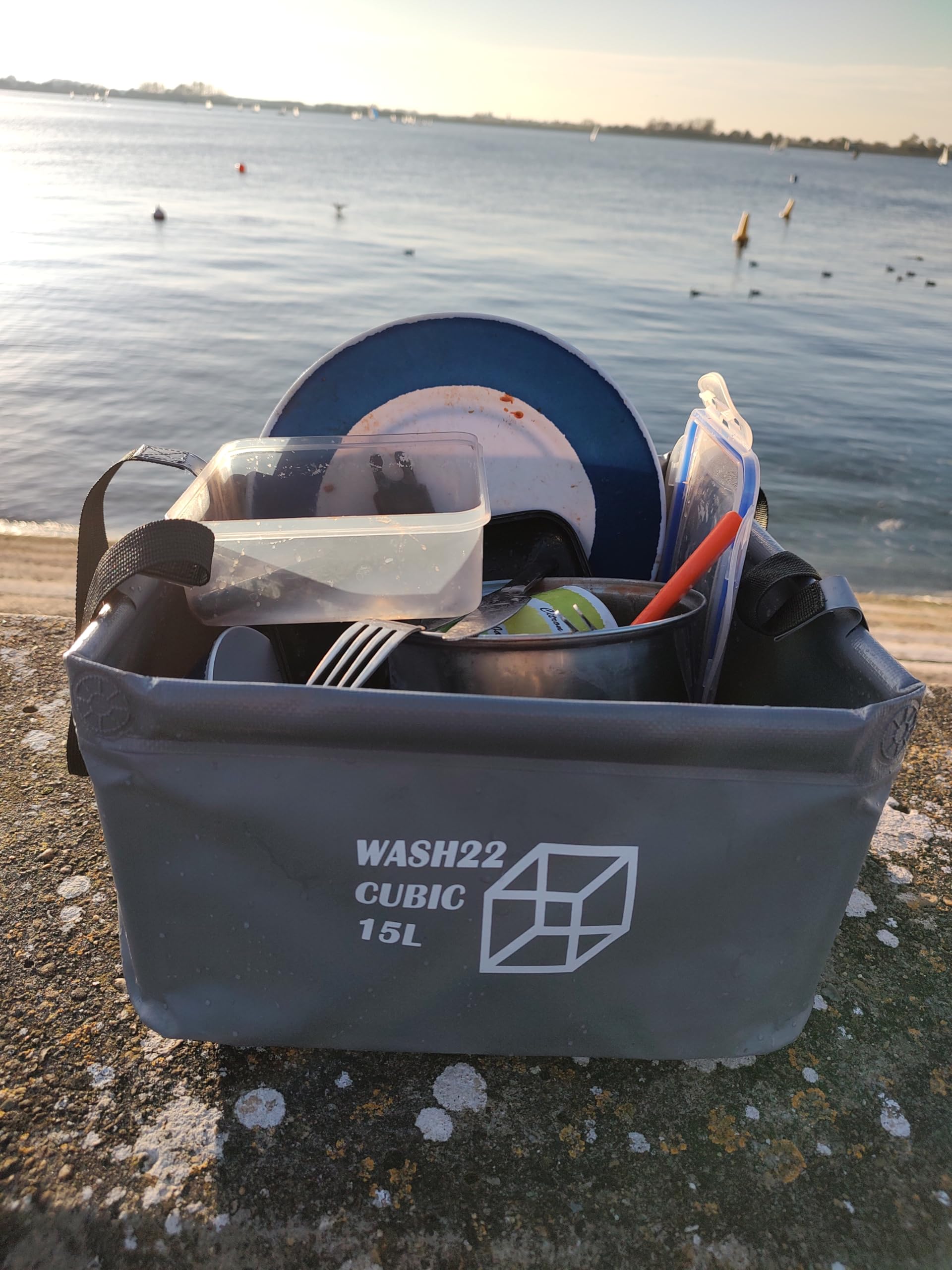 WASH22 Cubic 15L Folding Collapsible Camping Washing Basin Bucket Bag Tidy for Tents Motorhomes Campervans Caravans