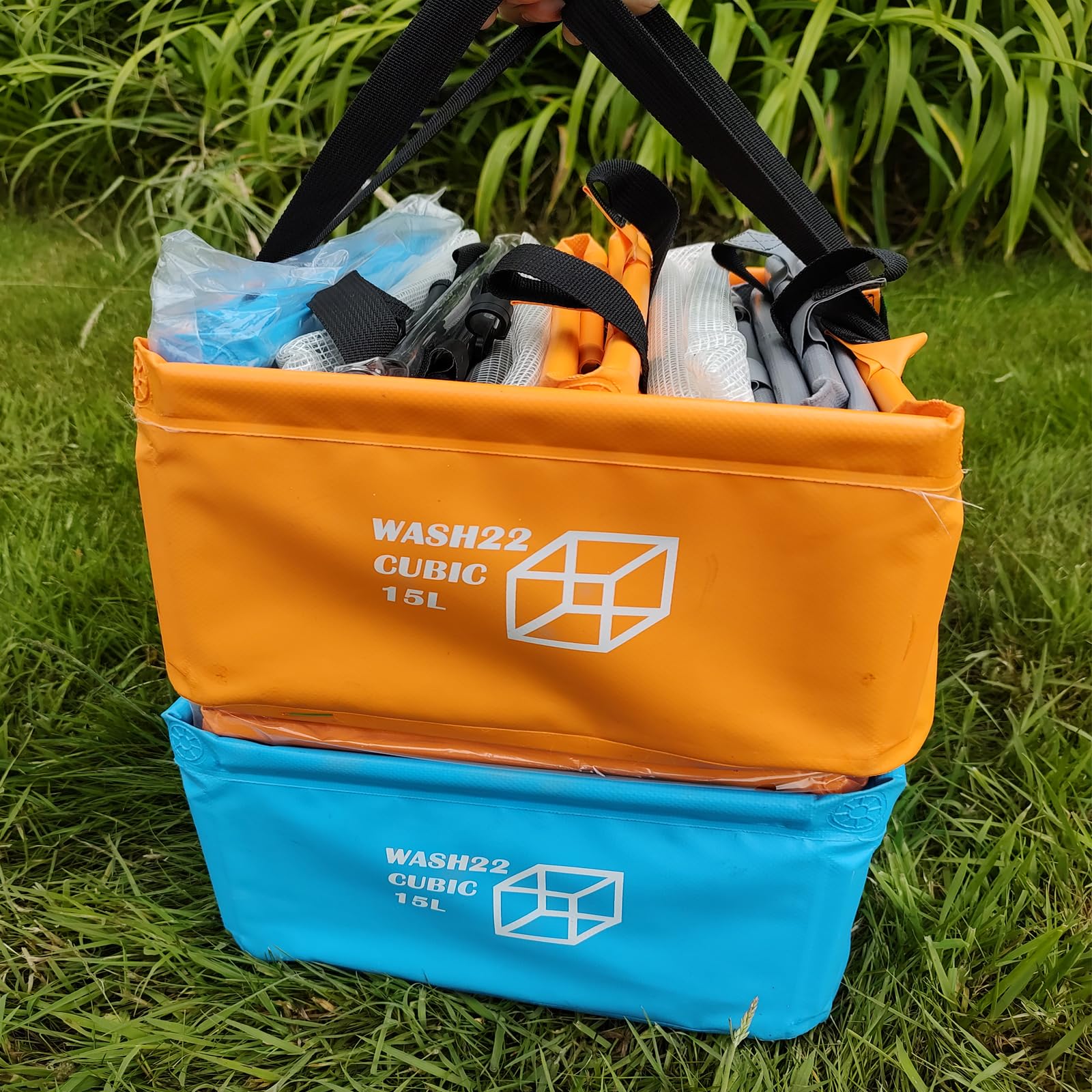 WASH22 Cubic 15L Folding Collapsible Camping Washing Basin Bucket Bag Tidy for Tents Motorhomes Campervans Caravans