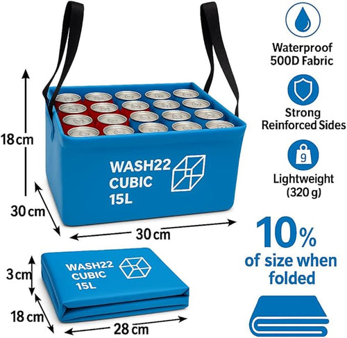 WASH22 Cubic 15L - Light Blue -  Collapsible Camping Bucket with Mesh Storage Bag