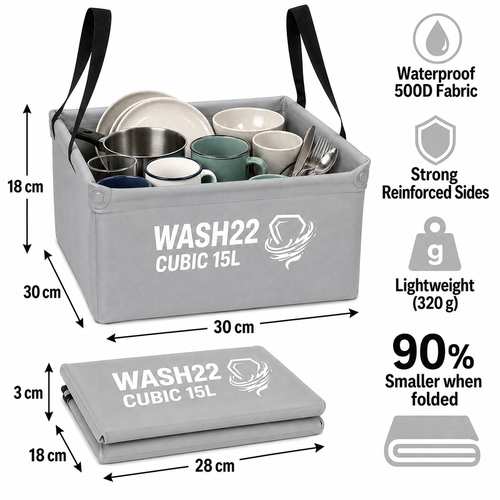 WASH22 Cubic 15L Collapsible Camping Washing Up Bowl - Light Grey