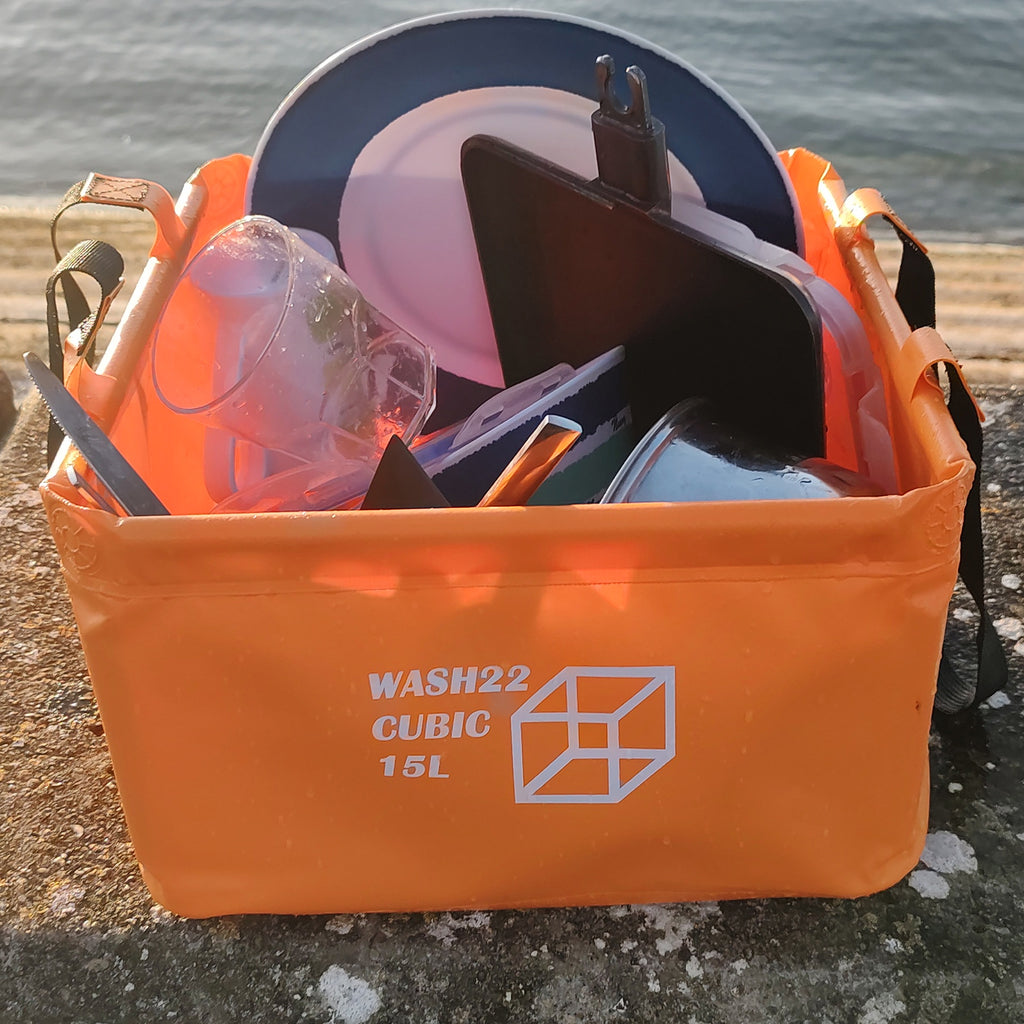 WASH22 Cubic 15L -Orange -  Collapsible Camping Wash Basin Bucket with Mesh Storage Bag