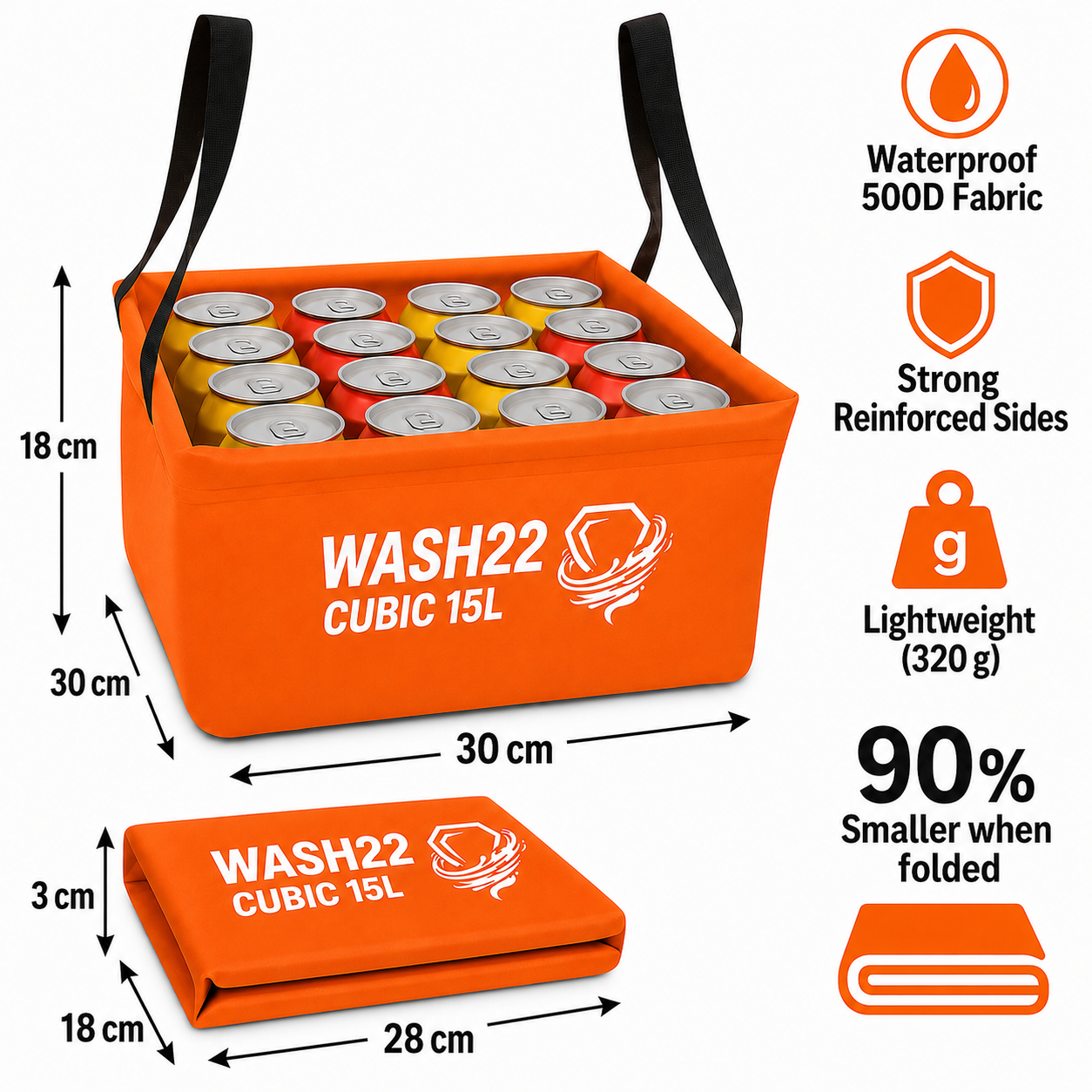 WASH22 Cubic 15L -Orange -  Collapsible Camping Wash Basin Bucket with Mesh Storage Bag