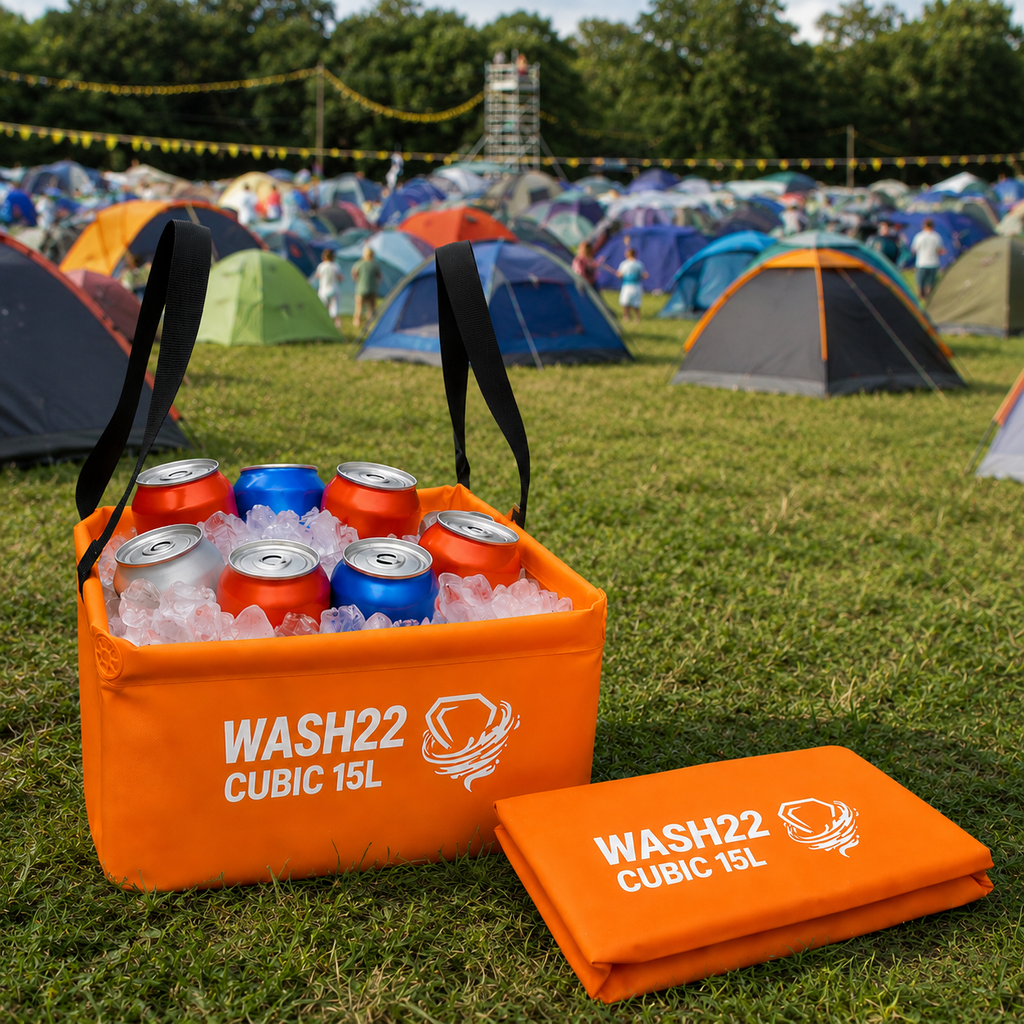WASH22 Cubic 15L -Orange -  Collapsible Camping Wash Basin Bucket with Mesh Storage Bag