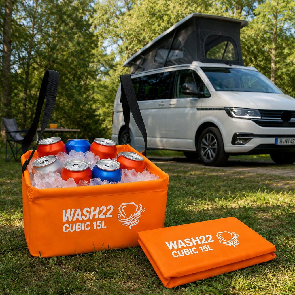 WASH22 Cubic 15L -Orange -  Collapsible Camping Wash Basin Bucket with Mesh Storage Bag