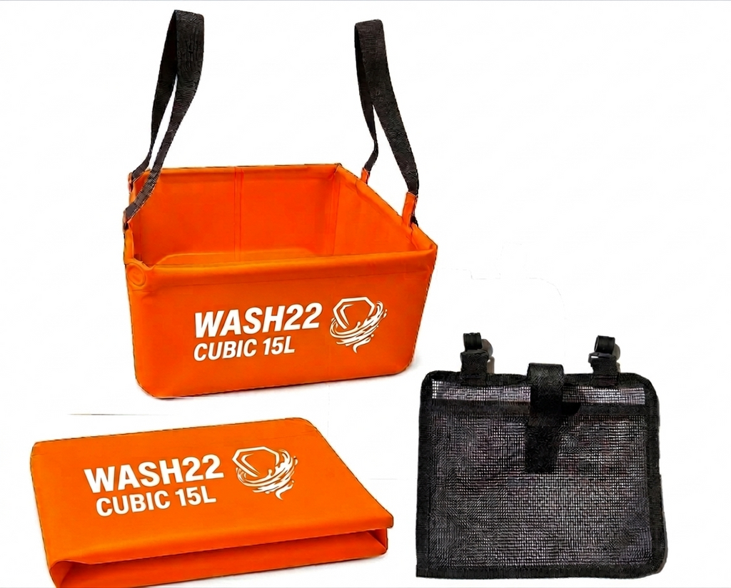 WASH22 Cubic 15L -Orange -  Collapsible Camping Wash Basin Bucket with Mesh Storage Bag