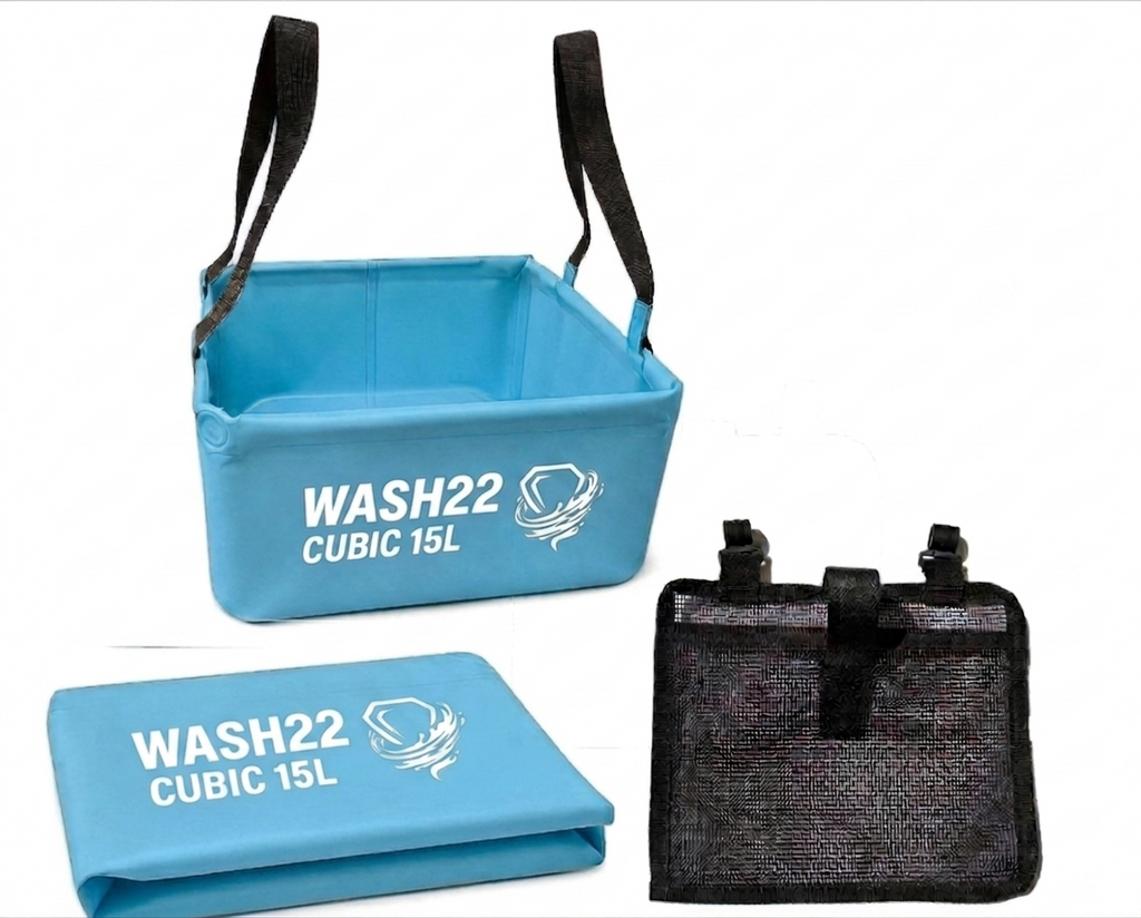 WASH22 Cubic 15L - Light Blue -  Collapsible Camping Bucket with Mesh Storage Bag