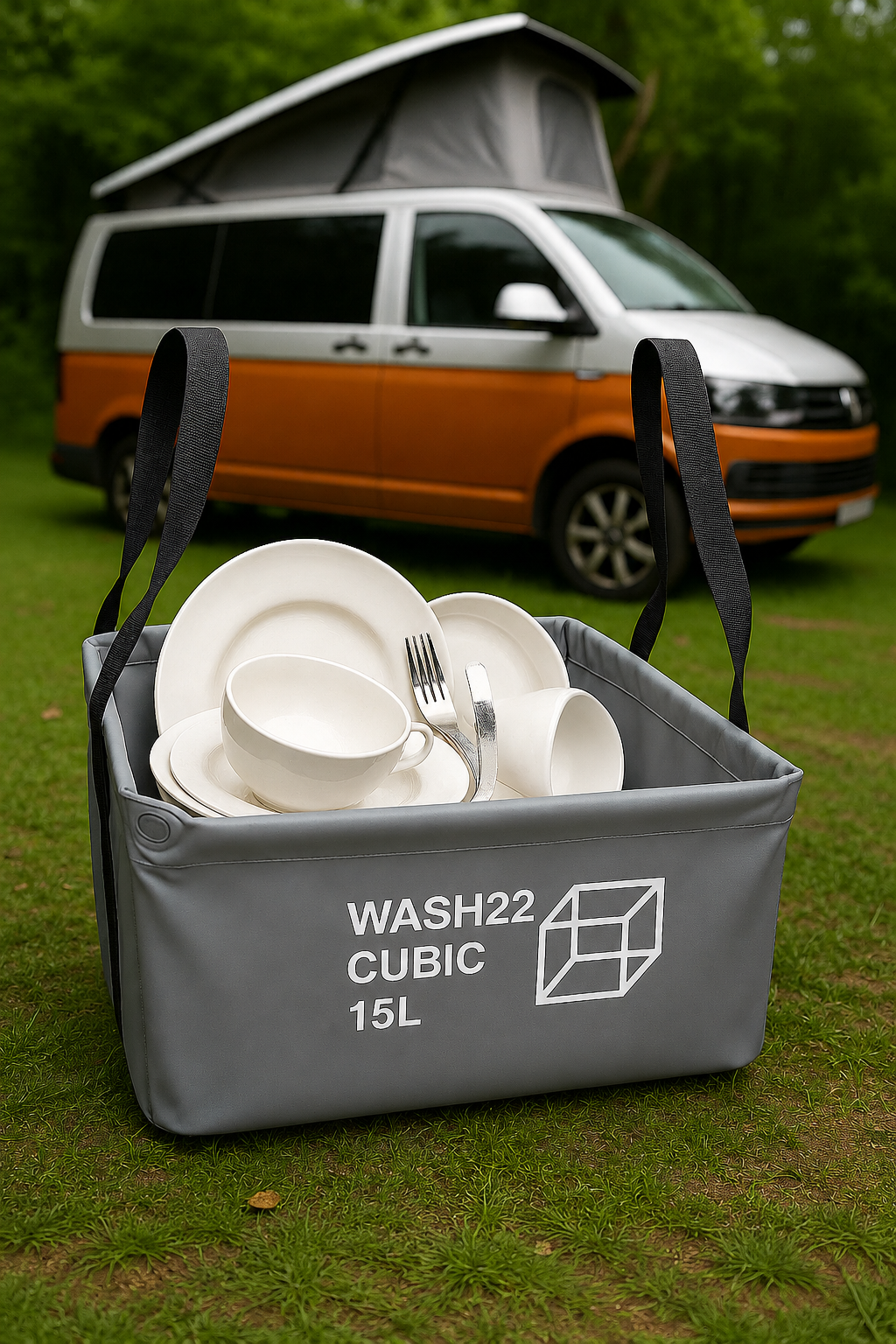 WASH22 Cubic 15L - Light Grey -  Collapsible Camping Wash Basin Bucket with Mesh Storage Bag