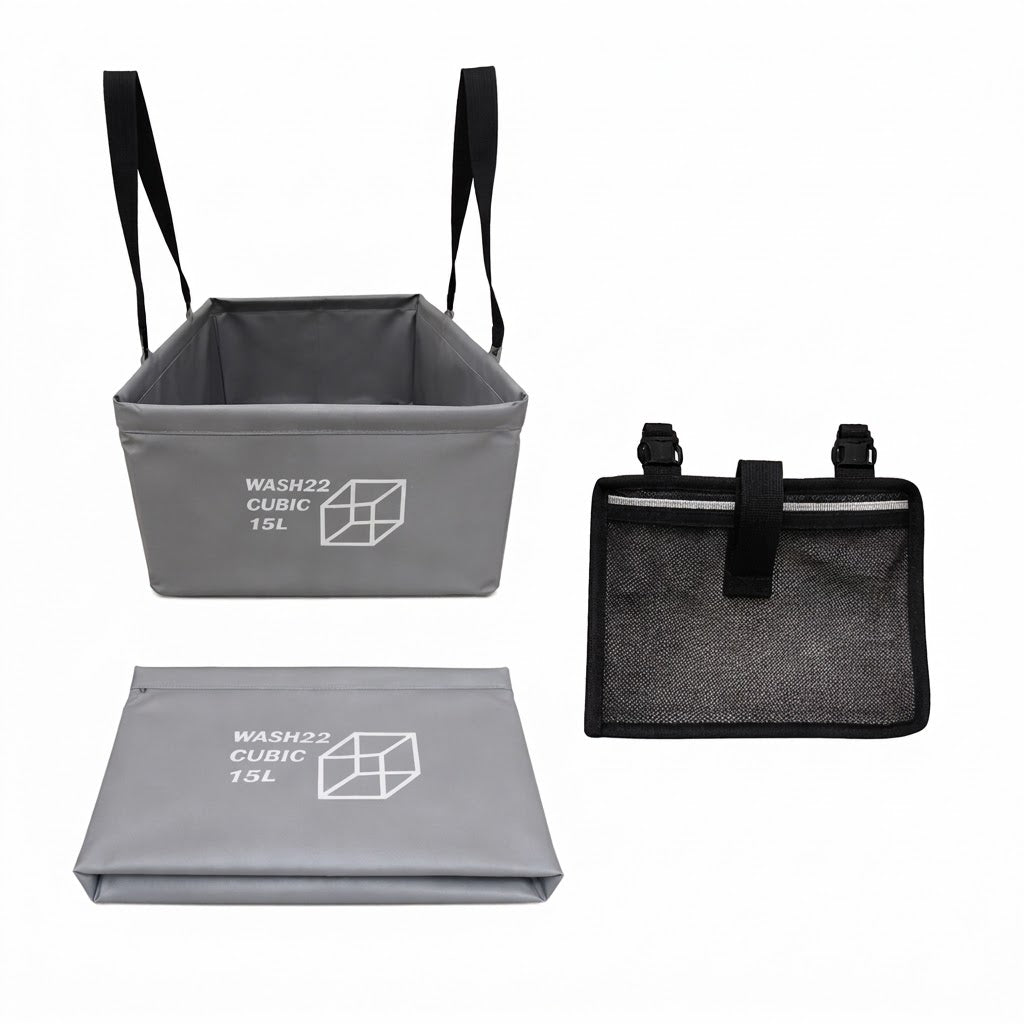 WASH22 Cubic 15L - Light Grey -  Collapsible Camping Wash Basin Bucket with Mesh Storage Bag