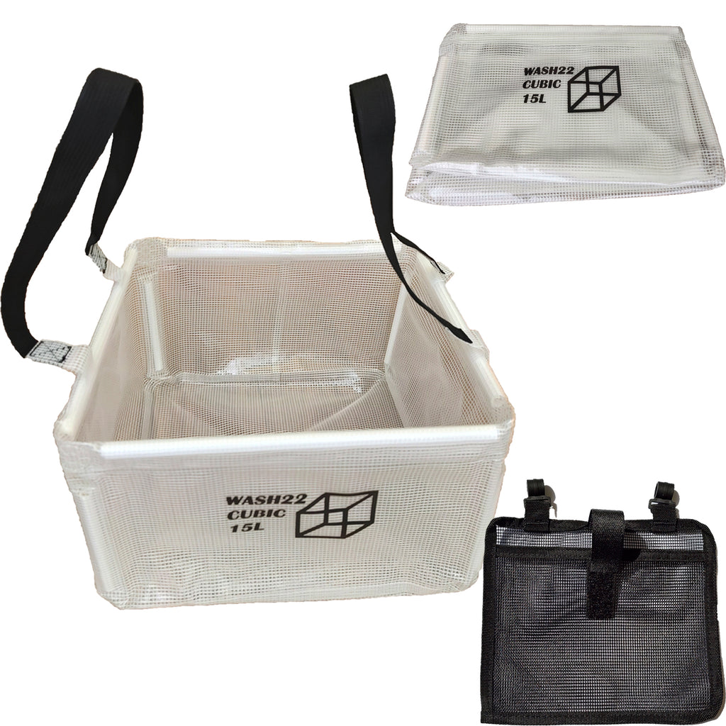 WASH22 Cubic 15L - Transparent  -  Collapsible Camping Bucket with Mesh Storage Bag