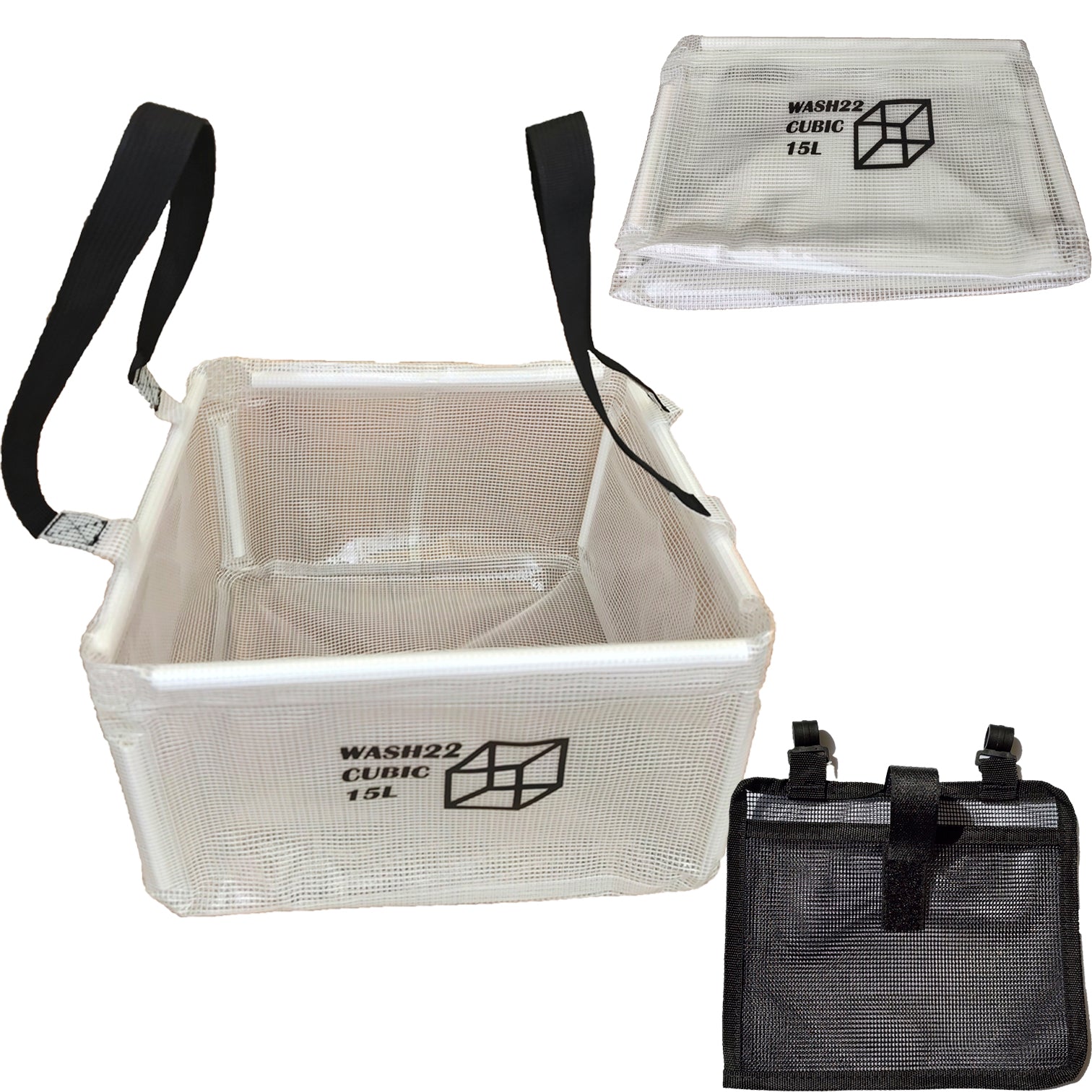 WASH22 Cubic 15L - Transparent  -  Collapsible Camping Bucket with Mesh Storage Bag