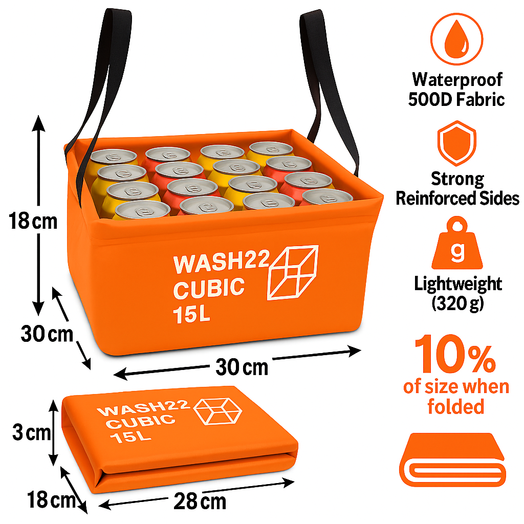 WASH22 Cubic 15L -Orange -  Collapsible Camping Wash Basin Bucket with Mesh Storage Bag