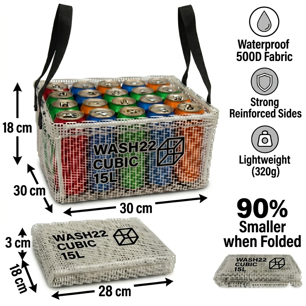 WASH22 Cubic 15L - Transparent  -  Collapsible Camping Bucket with Mesh Storage Bag