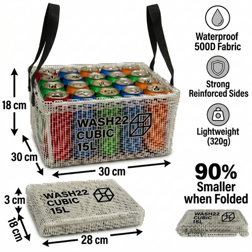 WASH22 Cubic 15L - Transparent  -  Collapsible Camping Bucket with Mesh Storage Bag