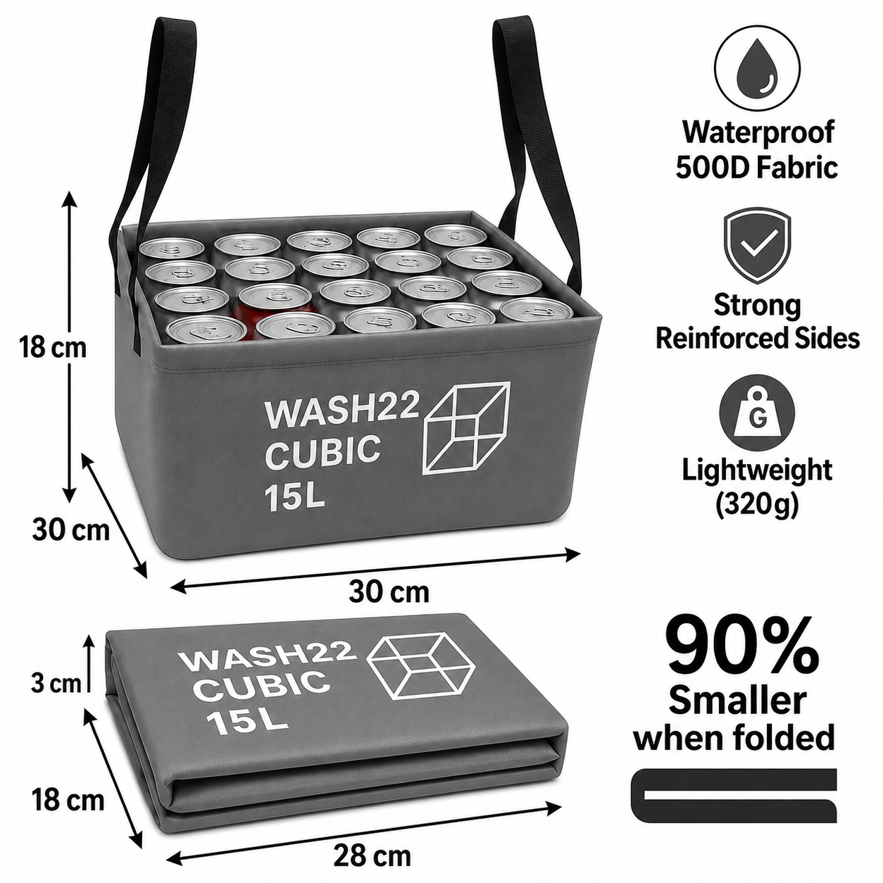 WASH22 Cubic 15L - Light Grey -  Collapsible Camping Wash Basin Bucket with Mesh Storage Bag
