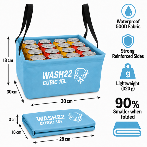 Light blue WASH22 Cubic 15L beverage tote bag shown with dimensions, black handles, and a folded view, alongside feature callouts including waterproof 500D fabric, reinforced sides, lightweight 320g, and 90% smaller when folded.