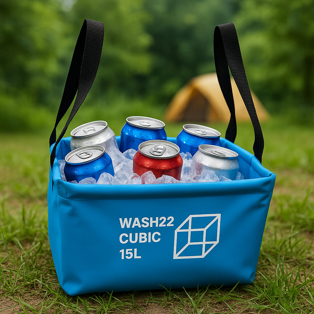 WASH22 Cubic 15L - Light Blue -  Collapsible Camping Bucket with Mesh Storage Bag