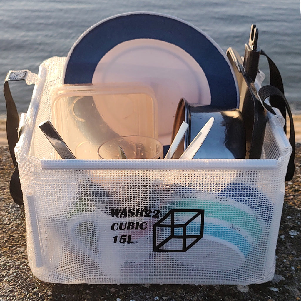WASH22 Cubic 15L - Transparent  -  Collapsible Camping Bucket with Mesh Storage Bag