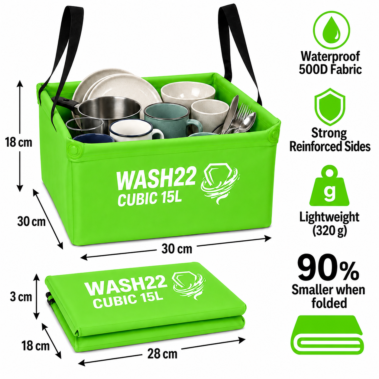 WASH22 Cubic 15L Collapsible Camping Washing Up Bowl - Light Green - Venom